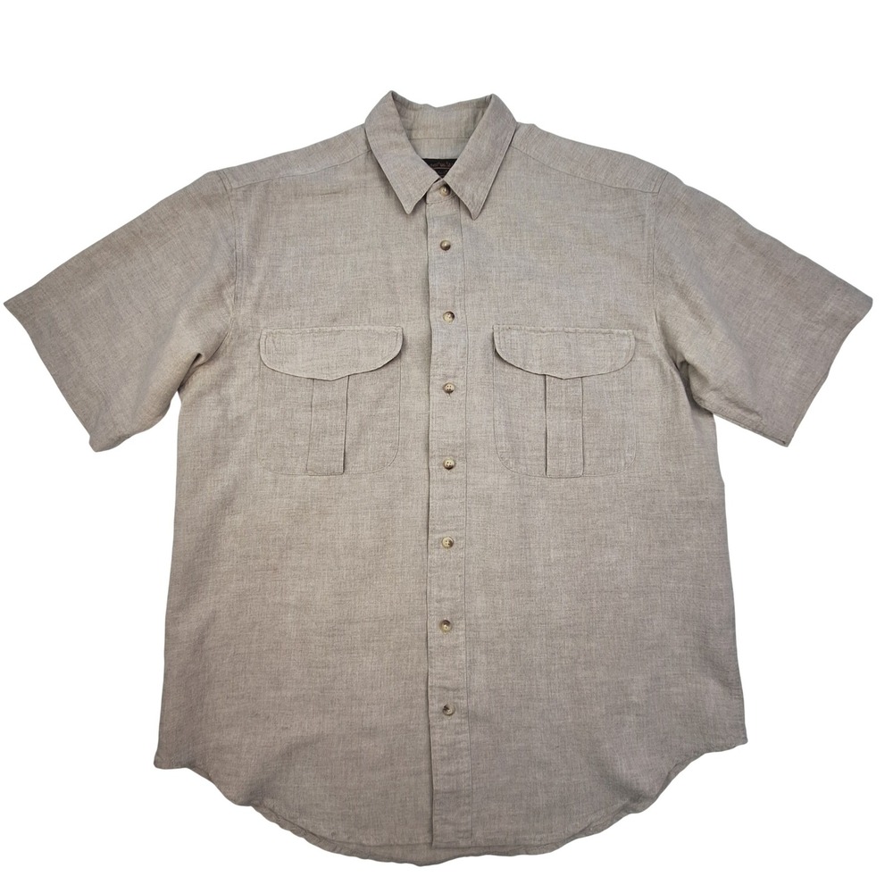 Eddie Bauer Shirt Mens Large Tan Linen Blend Short Sleeve Safari Button Down